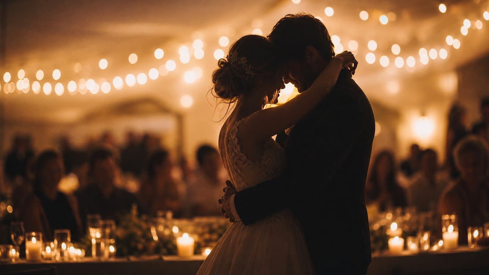 A couple sharing their first dance under warm string lights and candlelight